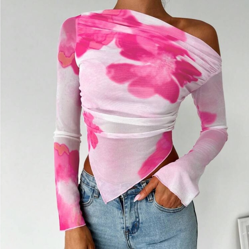 Off-Shoulder Pink Floral Mesh Asymmetrical Top Stretchy